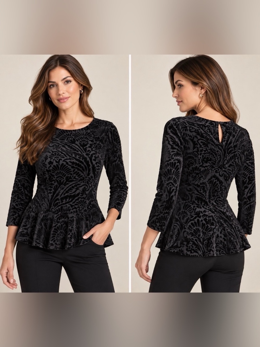 Lauren Ralph Lauren Black Velvet Burnout Peplum Top